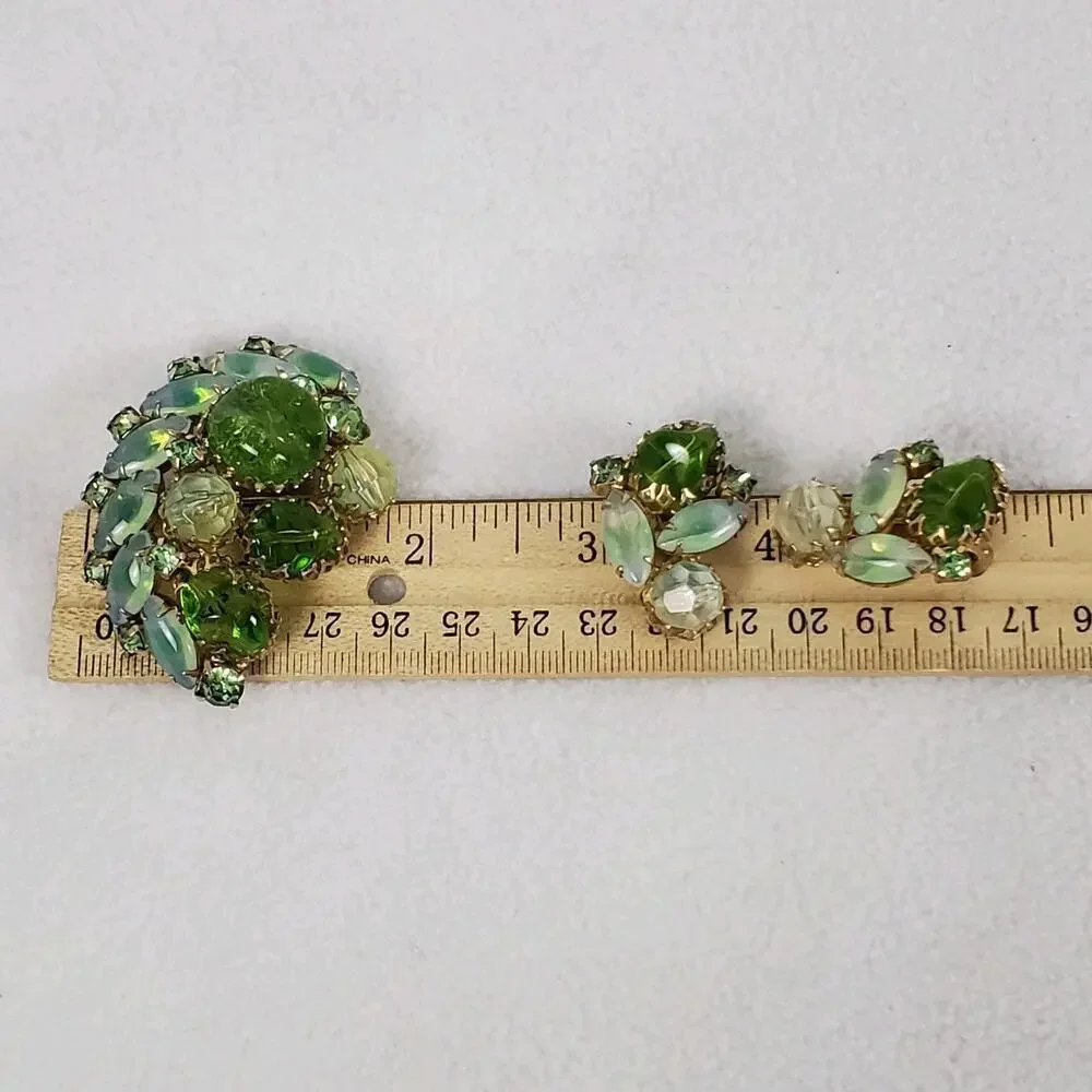 Vintage MCM Green Rhinestone Gold Tone Brooch and Earrings Set